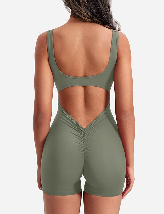 One Piece Workout Jumpsuits for Women Backless ( olive green or wine Red)
